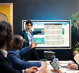 Business professionals collaborating on customer retention strategies with positive data trends